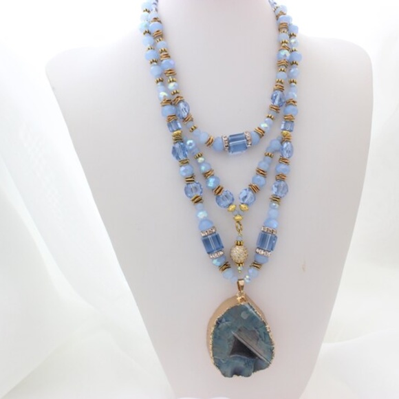 Sky Blue Crystals Multi Strand Agate Layered Necklace - Picture 6 of 7
